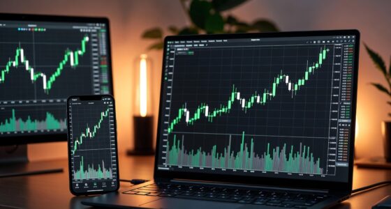 Trading desk with laptop and phone showing rising green stock charts and volume bars in a dimly lit room.