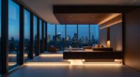 Luxurious modern living room with floor-to-ceiling windows overlooking a city skyline at dusk/twilight.