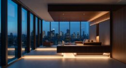 Luxurious modern living room with floor-to-ceiling windows overlooking a city skyline at dusk/twilight.