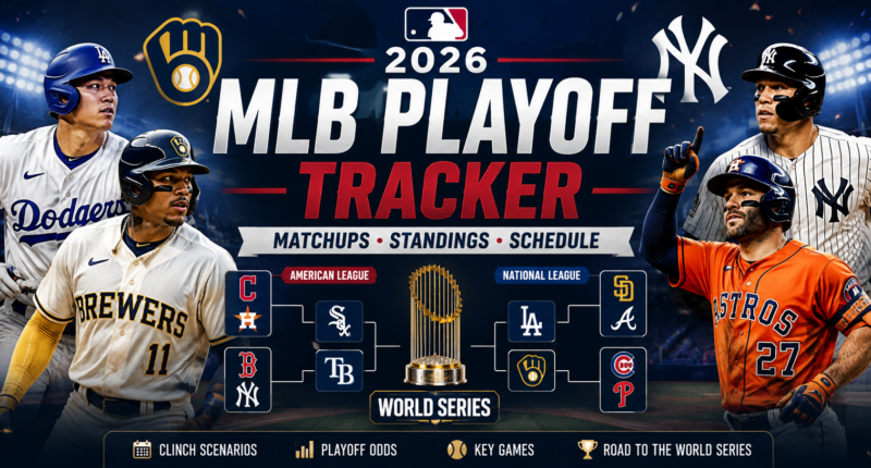 2026 MLB Playoff Tracker banner showing players from Dodgers, Brewers, Yankees and Astros with a central World Series trophy image in a dark stadium backdrop.