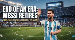 Messi in Argentina jersey waves on a full stadium field with confetti, under the headline: End of an era: Messi retires.