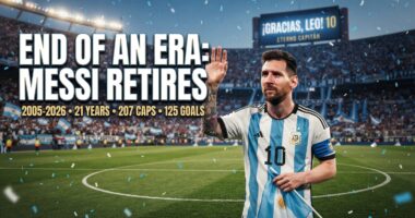 Messi in Argentina jersey waves on a full stadium field with confetti, under the headline: End of an era: Messi retires.