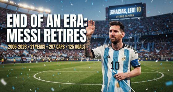 Messi in Argentina jersey waves on a full stadium field with confetti, under the headline: End of an era: Messi retires.
