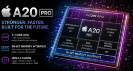 Apple A20 Pro chip promo: 7-core GPU, 96-bit memory interface, 8MB L2 cache with high-performance core layout on a purple-lit die.