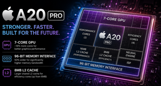 Apple A20 Pro chip promo: 7-core GPU, 96-bit memory interface, 8MB L2 cache with high-performance core layout on a purple-lit die.