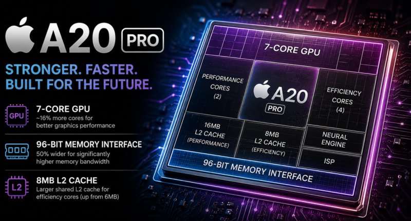 Apple A20 Pro chip promo: 7-core GPU, 96-bit memory interface, 8MB L2 cache with high-performance core layout on a purple-lit die.