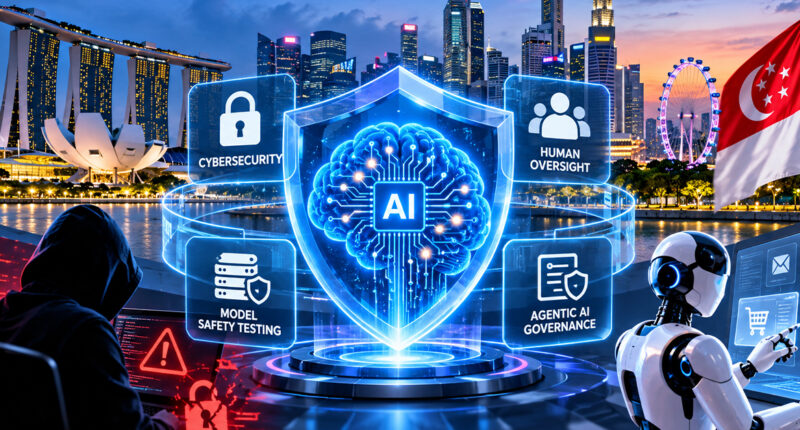 Illustration of layered AI security protecting an artificial intelligence system, with Singapore’s skyline in the background.