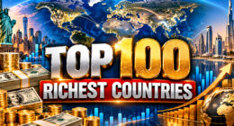 Top 100 richest countries ranked by GDP per capita with a global economic map