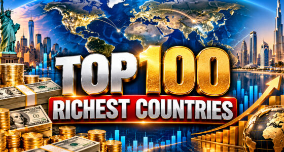 Top 100 richest countries ranked by GDP per capita with a global economic map